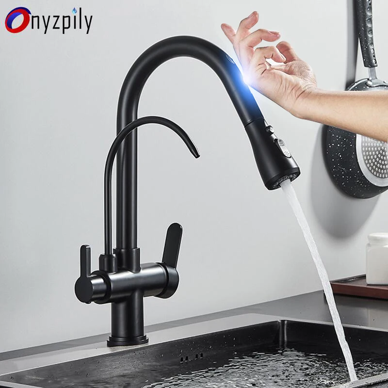 Onyzpily, черный сенсорный/без датчика, кухонный смеситель, выдвижные смесители для раковины, смеситель для горячей и холодной воды, кран для чистой воды, монтируемые на палубе, двойная ручка Сантехника для кухни