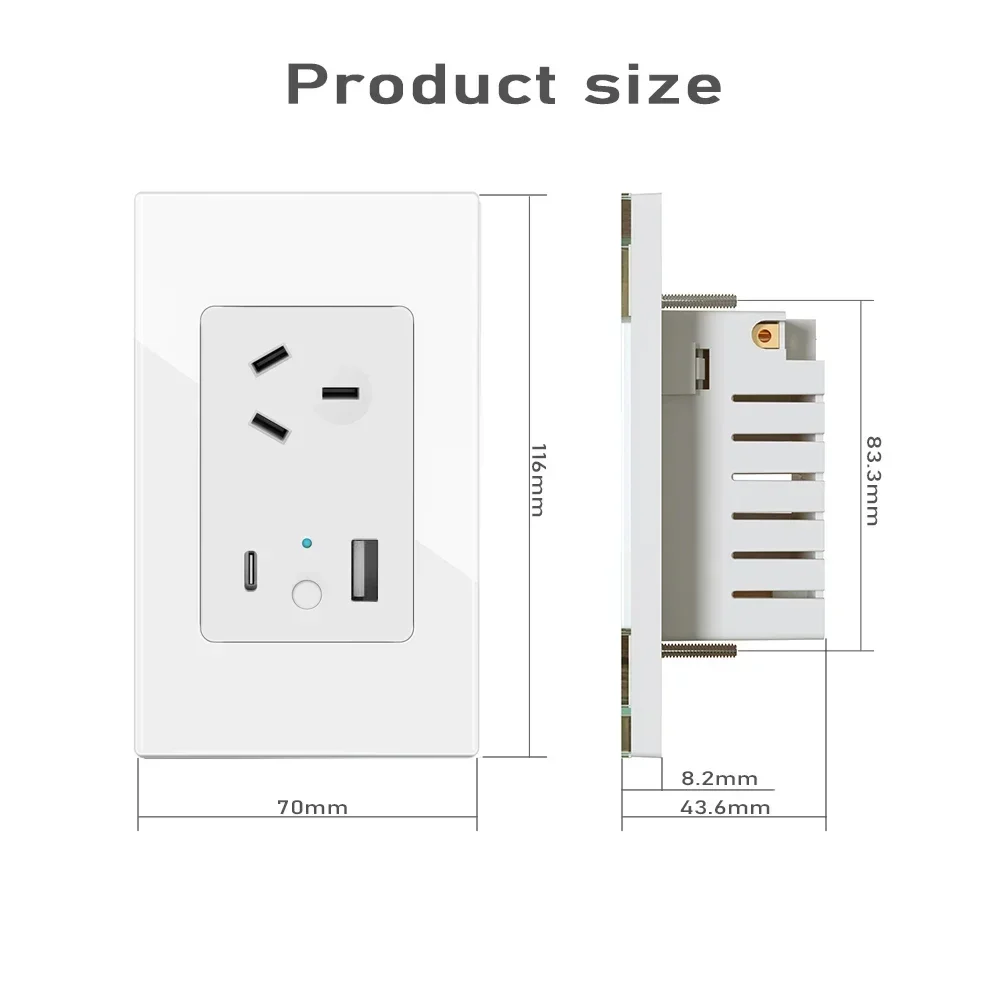 Фото Настенная розетка Melery Austrial 10A Smart Tuya Wi-Fi USB Type C PD 30 Вт AU Розетка Стеклянная панель дистанционного управления Alexa Google Home №2