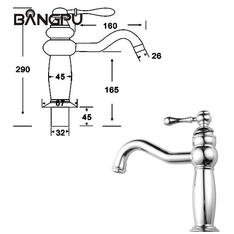 Смесители для раковины BANGPU, черный латунный Смеситель для раковины в ванной комнате, смеситель с одной ручкой и отверстием, крепление на раковину, смеситель горячей и холодной воды Tap Chrome (art.: 3920bd38246db) - 3920bd38246db
