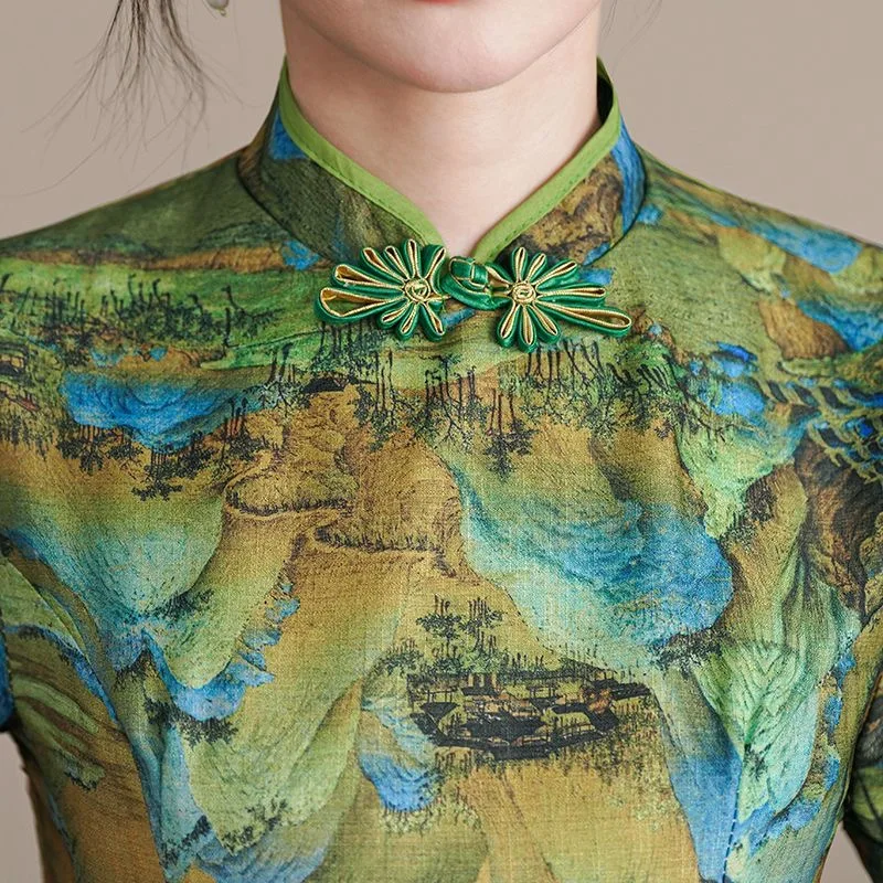Фото Женское традиционное платье Cheongsam с коротким рукавом и винтажным принтом, вечернее платье для банкета и вечеринки, длинное платье Aodai №4