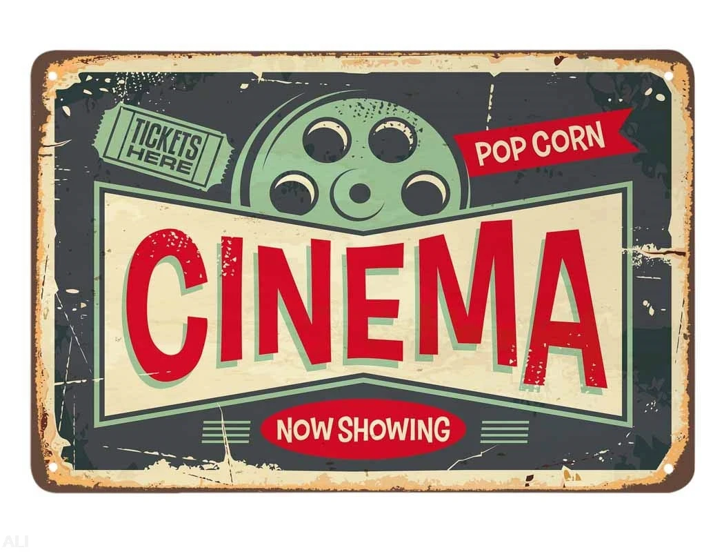 Оловянная вывеска AOYEGO Cinema, Quickets Here Pop Corn and Movie Now Showing Винтажные металлические жестяные вывески для кафе, баров, пабов, магазина, настенное украшение