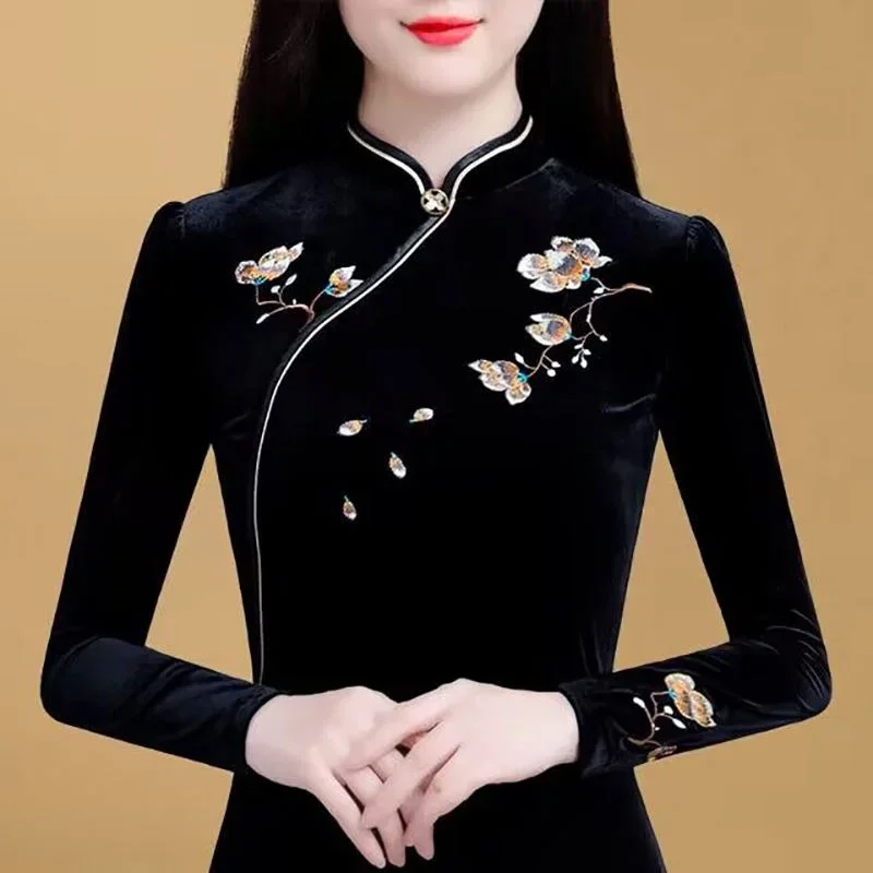 Фото Топ Cheongsam с вышивкой в китайском стиле, новая зимняя элегантная бархатная утолщенная базовая рубашка в стиле ретро №2