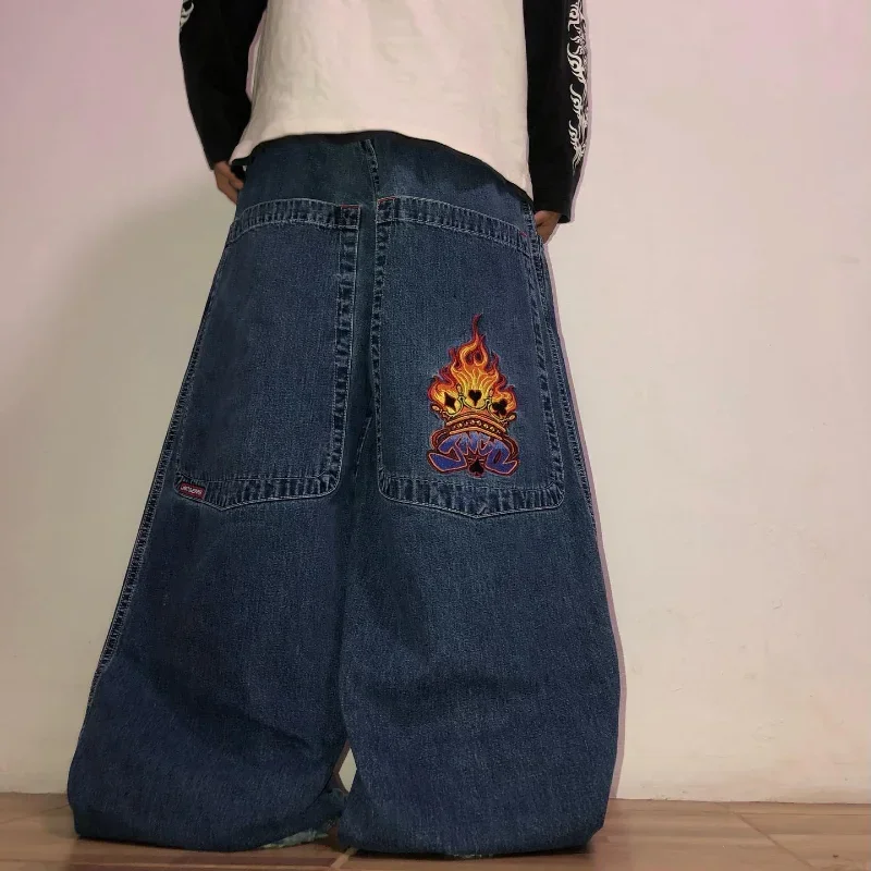 Женские и мужские мешковатые джинсы JNCO Y2K, винтажные джинсы с графической вышивкой в виде пламени и покера, уличная одежда в стиле хип-хоп, Харадзюку, модные джинсы с широкими штанинами