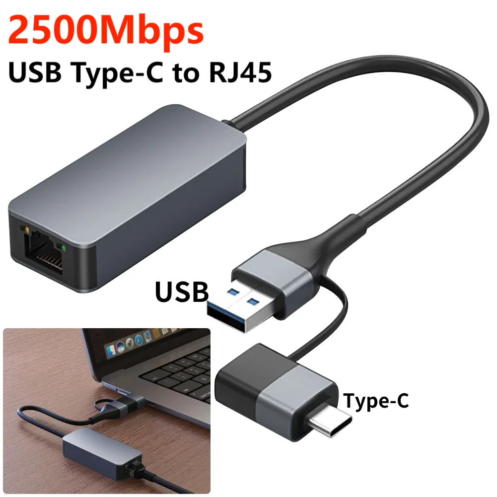 Адаптер Ethernet гигабитный, 2500 Мбит/с, USB 2,5 Тип C на сетевую карту RJ45 LAN 2,5 Гбит/с, конвертер USB 3,0 для ПК, ноутбука, Mac