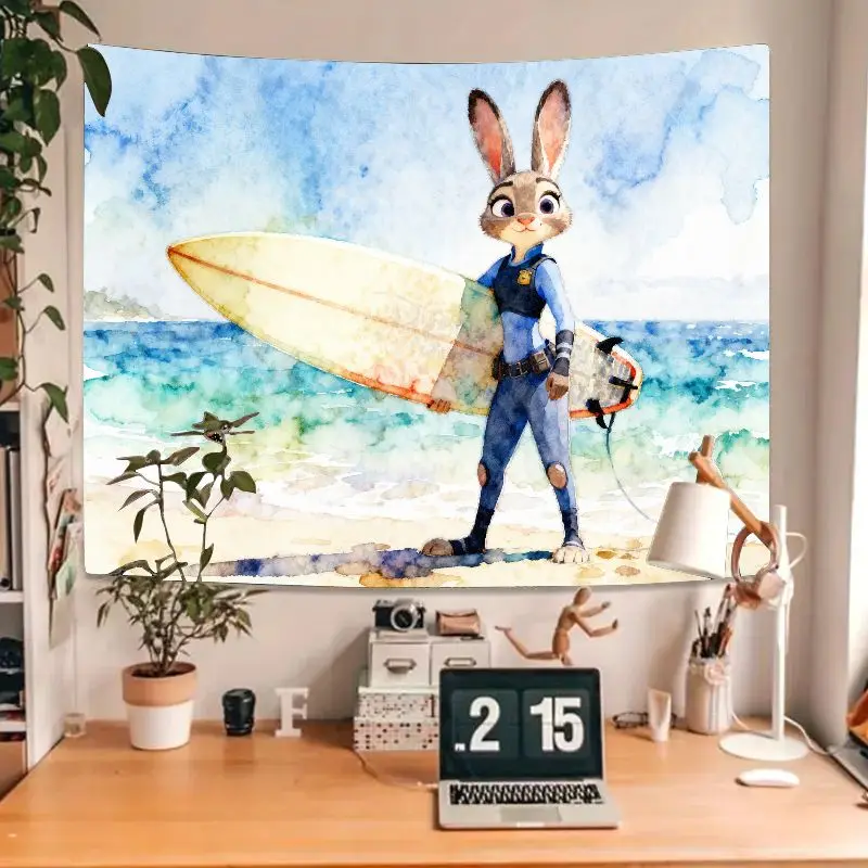 Фото 1 шт. гобелен Zootopia Judy Hopps, акварельный пляжный серфер, настенное искусство, современный полиэстеровый домашний декор для гостиной, спальни, милый Gi №4