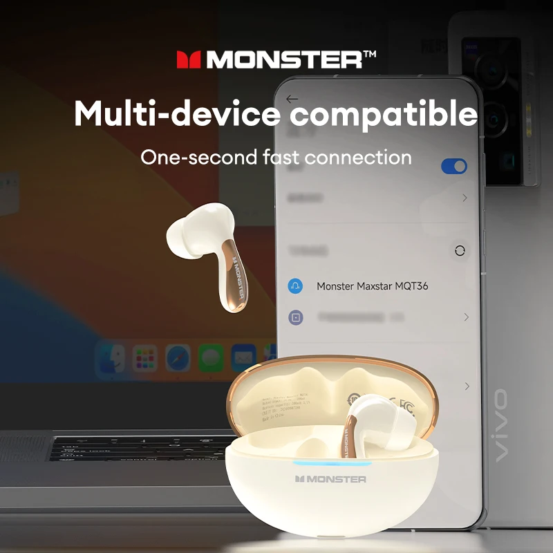Monster MQT36 Новые TWS Беспроводные Bluetooth V5.4 Наушники Сверхдлительный срок службы батареи Игровые наушники HIFI Звук Спортивная гарнитура с микрофоном (art.: 3920cbec5ed15) - 3920cbec5ed15