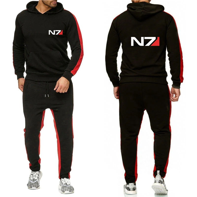 Новый мужской спортивный костюм N7 Mass Effect с логотипом, толстовки, повседневный однотонный толстый пуловер, длинные брюки, комплект из 2 предметов, осенний спортивный костюм для бега