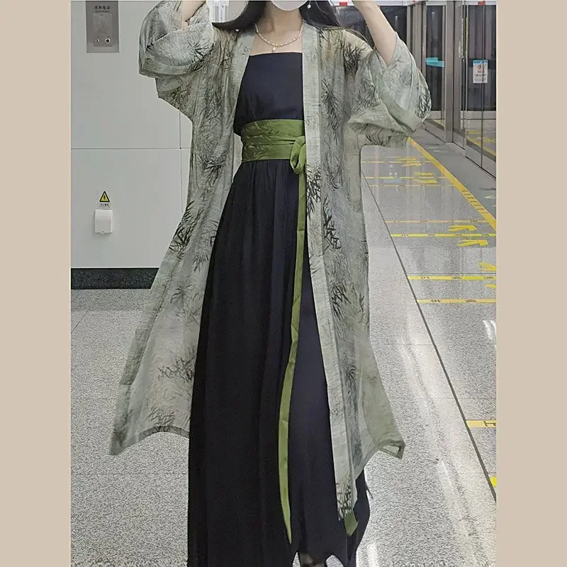 Новый китайский стиль Hanfu, женский свободный костюм династии ханьфу из 2 частей, кимоно, Винтажный Зеленый костюм ханьфу