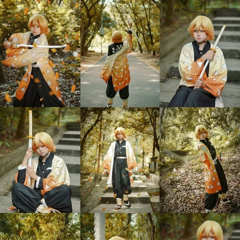 Фото Аниме Agatsuma Zenitsu Косплей Костюм Кимоно Хэллоуин Kleding Party Uniform Pruik Женский Детский №5