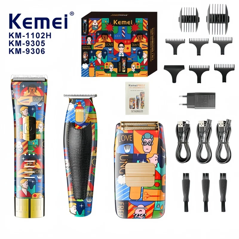 Kemei KM-1102H KM-9305 KM-9306 Профессиональная машинка для стрижки волос, мужская электрическая машинка для стрижки волос с граффити и бритва, подарочный набор Техника для красоты