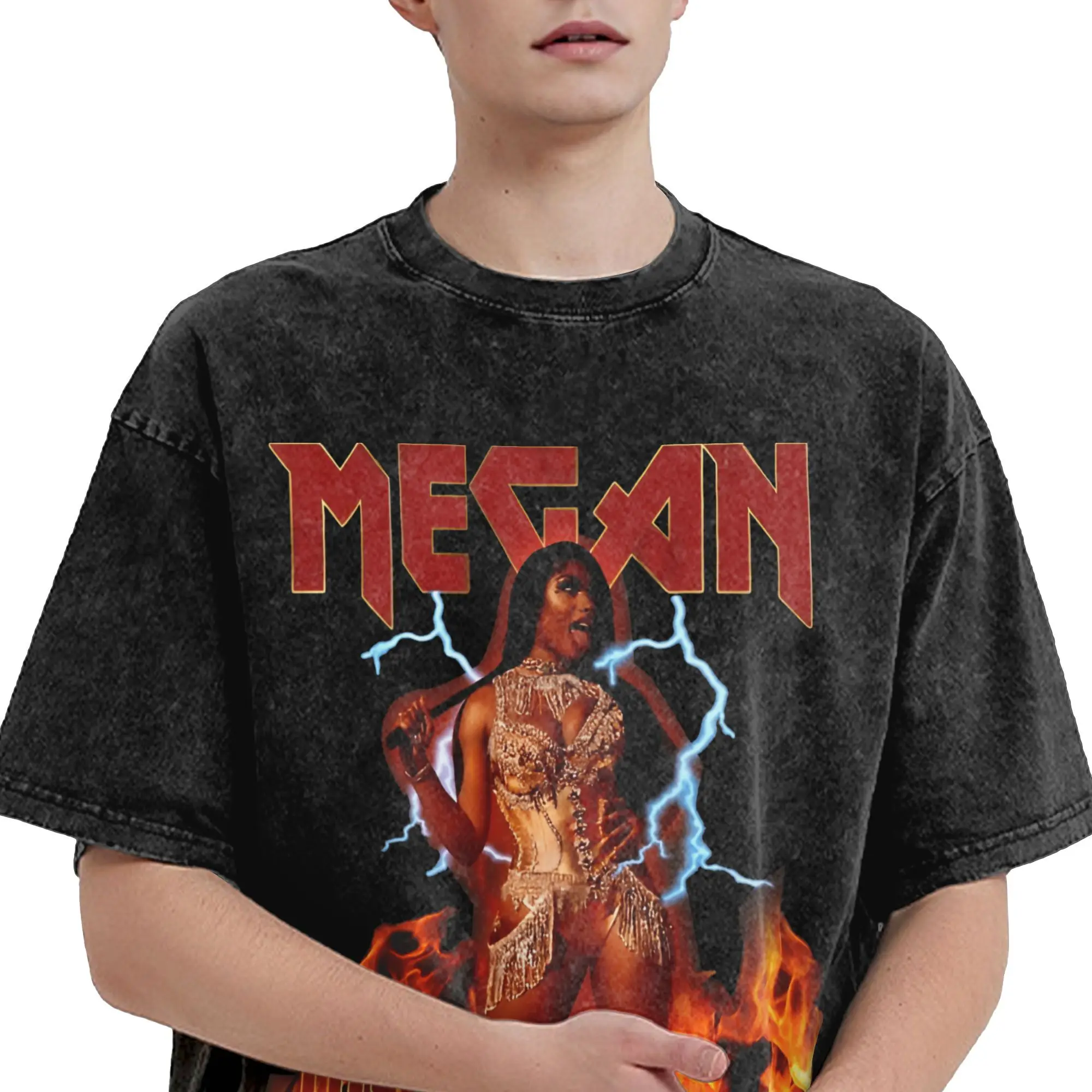 Фото Забавная мужская футболка Megans Thee Stallion с круглым вырезом, потертые футболки из 100% хлопка, американская футболка с короткими рукавами, летняя одежда №4