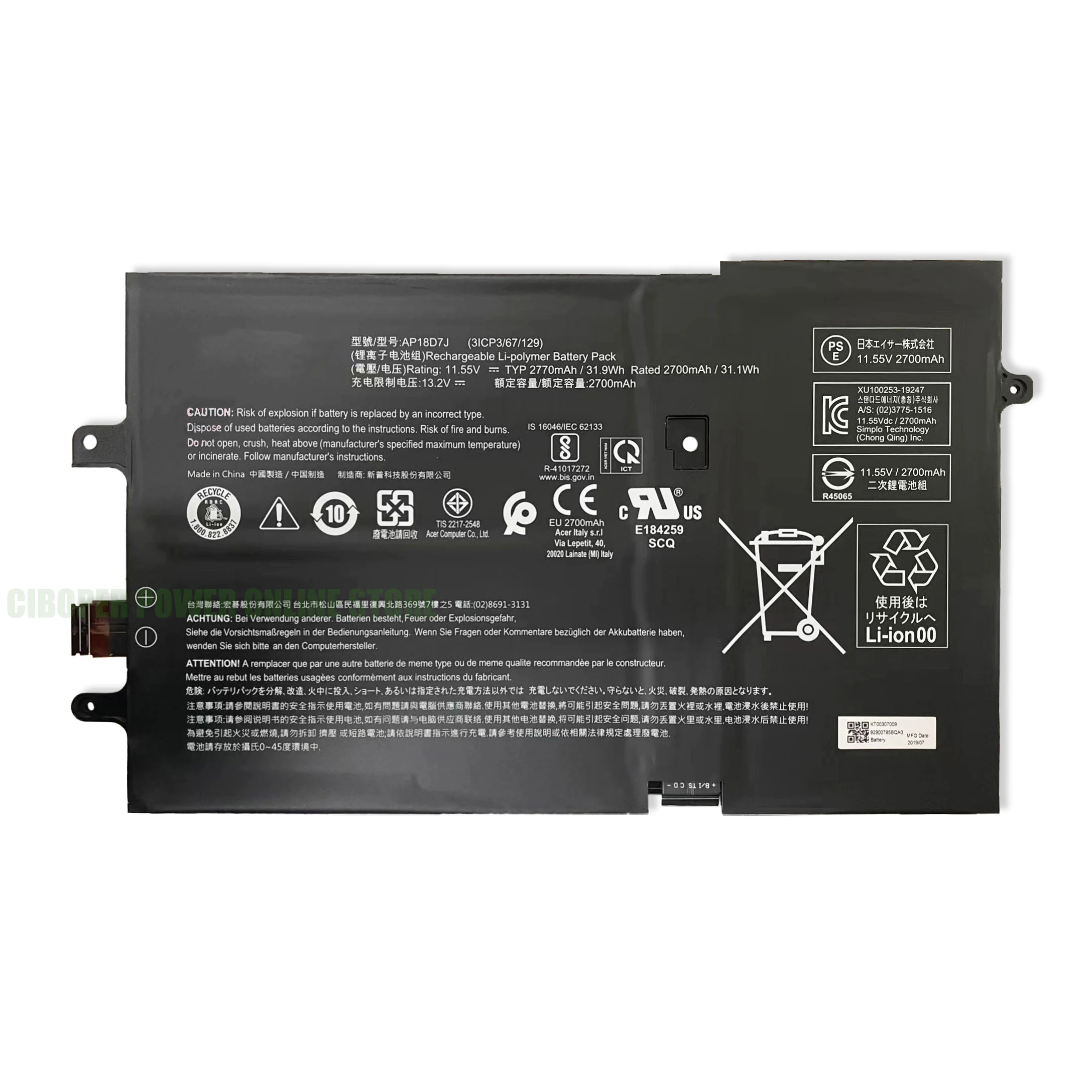 Фото Оригинальный аккумулятор для ноутбука CP AP18D7J 11,55 В/2770 мАч/31,9 для Swift 2019 Swift 7 SF714-52T серии 71JW 74AT 50QJ 54XE 70XR 598Y 72QY №3