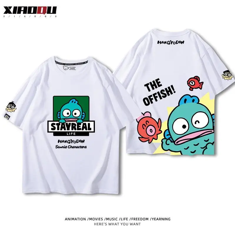 Фото Футболка Sanrio Hangyodon с короткими рукавами, фирменная периферия для мужчин и девочек, студенческая универсальная хлопковая детская одежда, летняя одежда №3