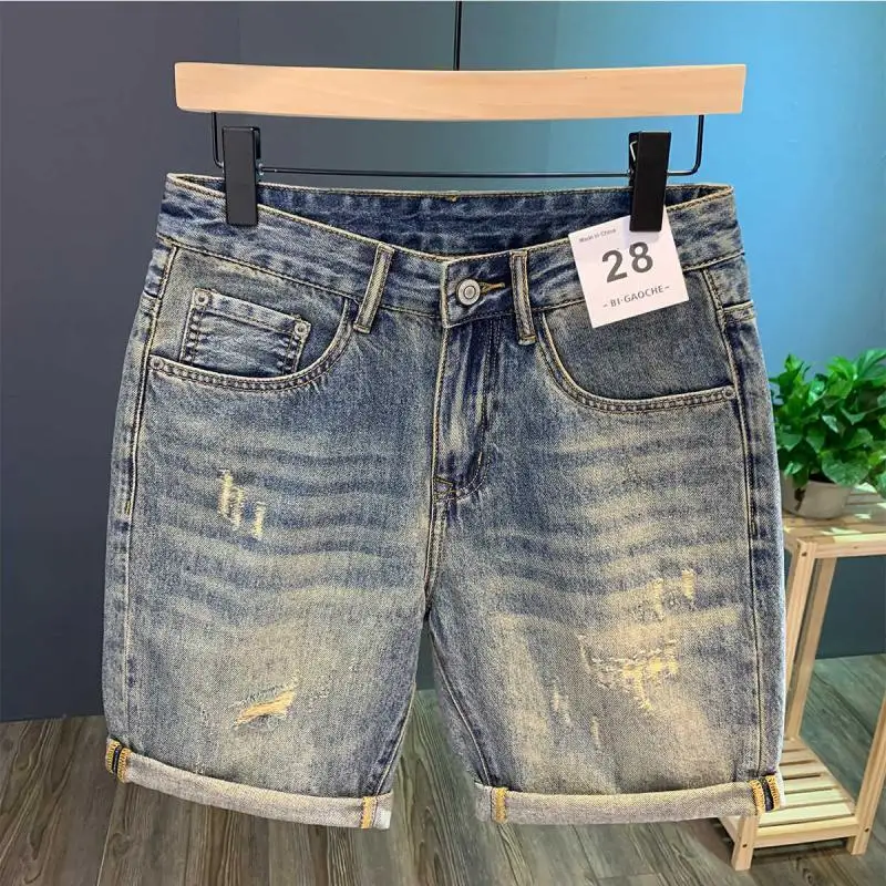 Рваные джинсовые шорты High Street, мужские летние тонкие брюки с пятью точками, корейские модные брендовые популярные удобные прямые брюки