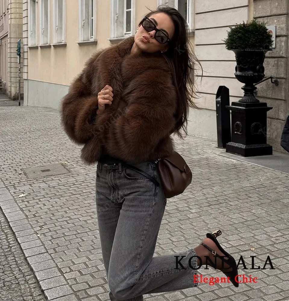 KONDALA элегантное женское осенне-зимнее коричневое однотонное пальто из искусственного меха, пальто с большими лацканами, новинка 2025 года, модное пальто с напуском для ужина