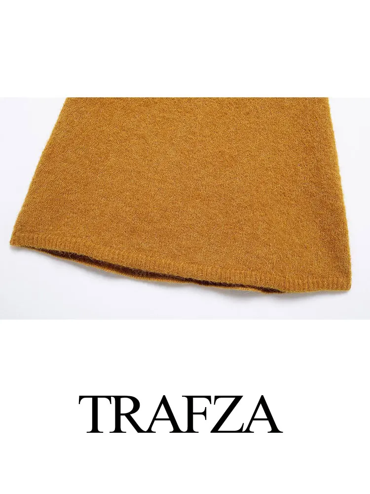 Фото TRAFZA 2024, осенний женский модный свитер, костюмы для вязания, новый однотонный короткий пуловер, топ + винтажная женская мини-юбка в английском стиле №5