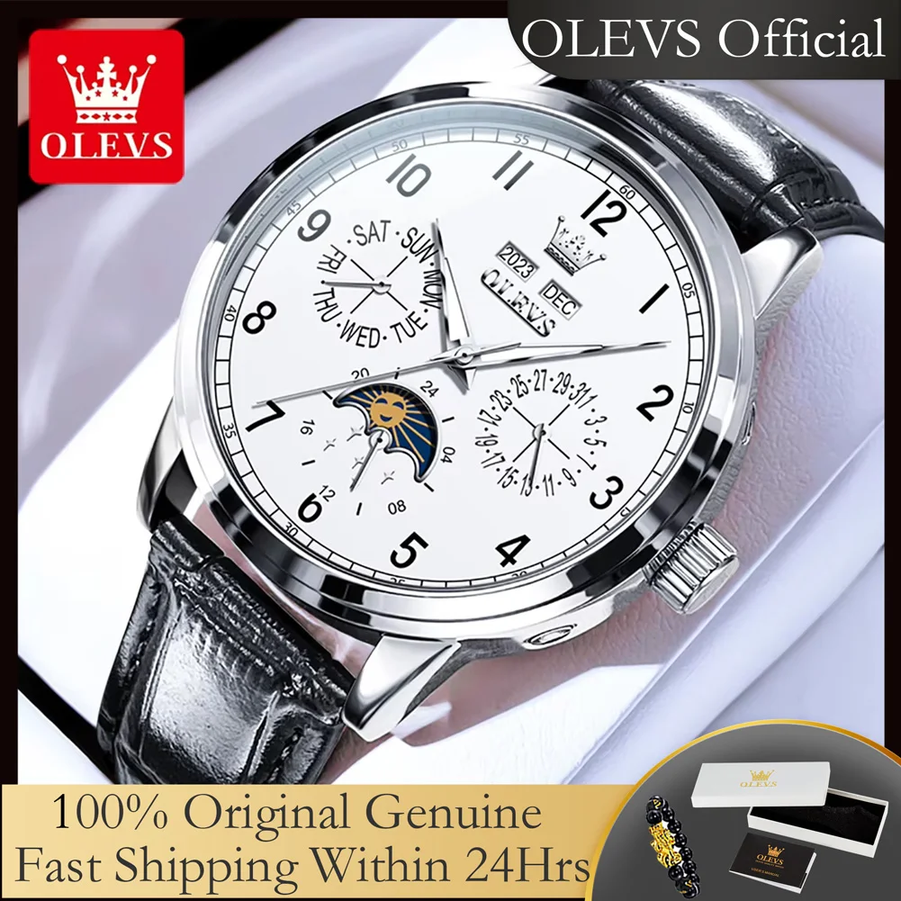 OLEVS 6698 Механические часы с фазой Луны для мужчин, номер 42 мм, кожаные ручные часы с большим циферблатом, водонепроницаемые автоматические мужские часы 2025