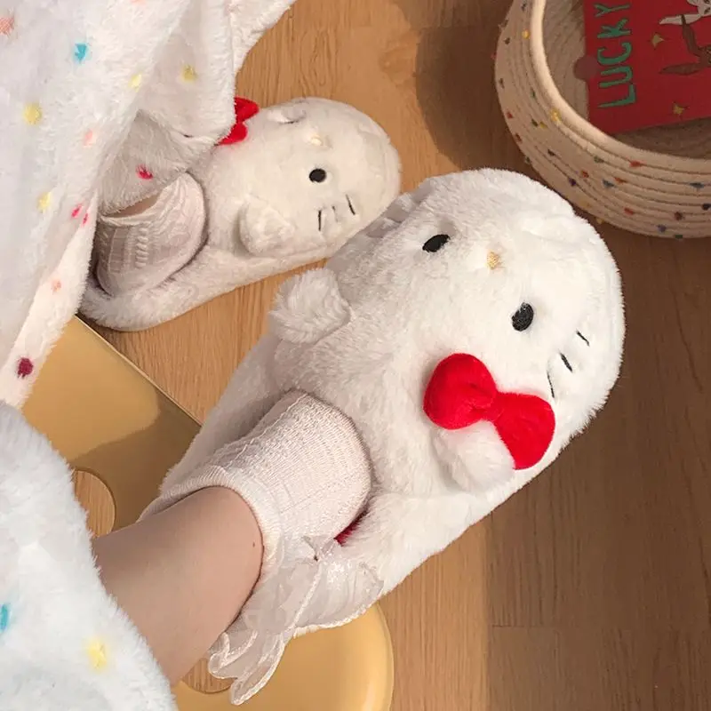 Фото Плюшевые тапочки Hello Kitty Sanrio, Симпатичные Мультяшные шлепанцы для студентов, Осень-зима, мягкая плюшевая обувь с подкладкой, игрушки, подарки для девочек №3