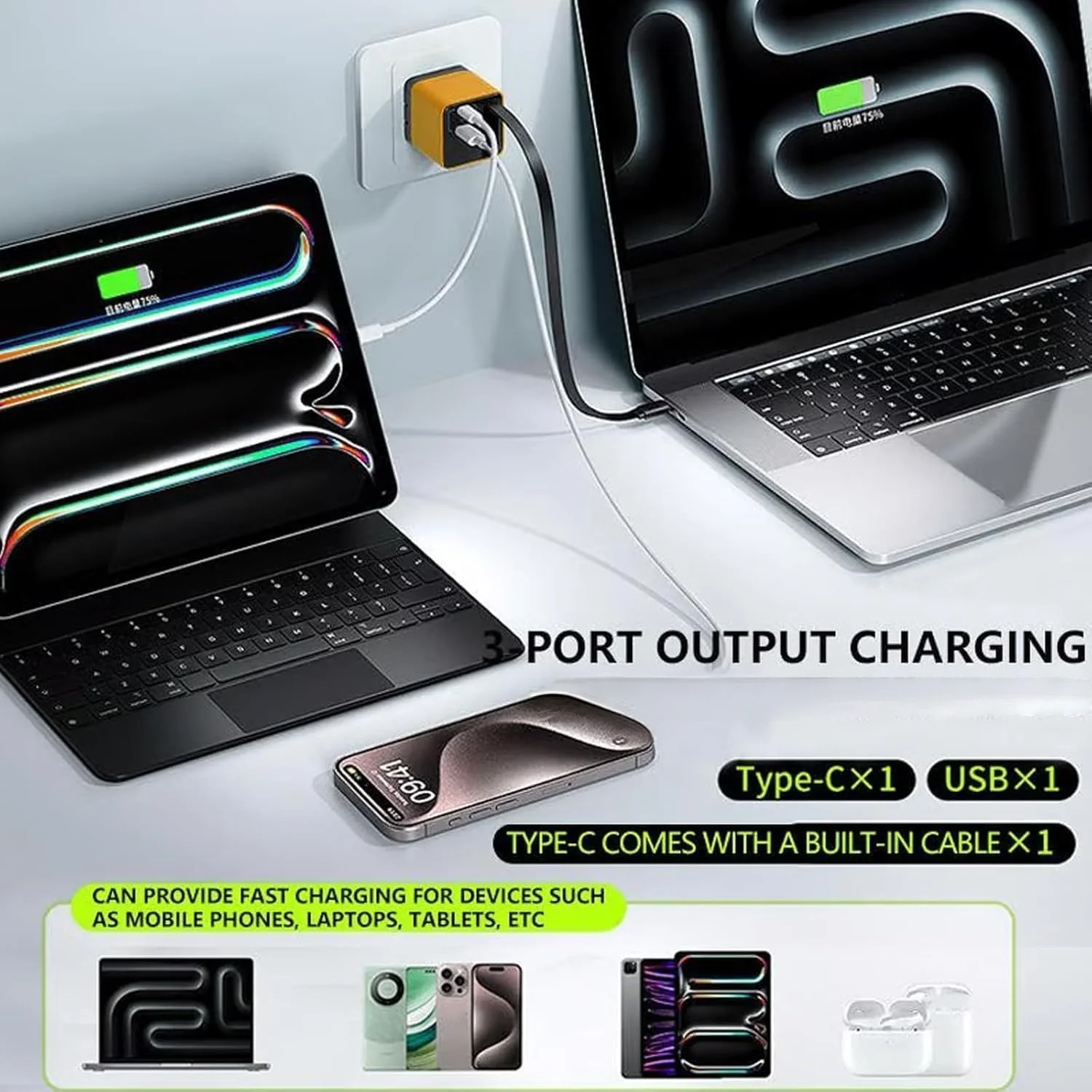 Фото Зарядное устройство GaN USB C Max 80 Вт с выдвижным кабелем типа C Быстрое зарядное устройство для iPhone 17 16 15 Samsung Xiaomi Huawei Телефон Ноутбук №3
