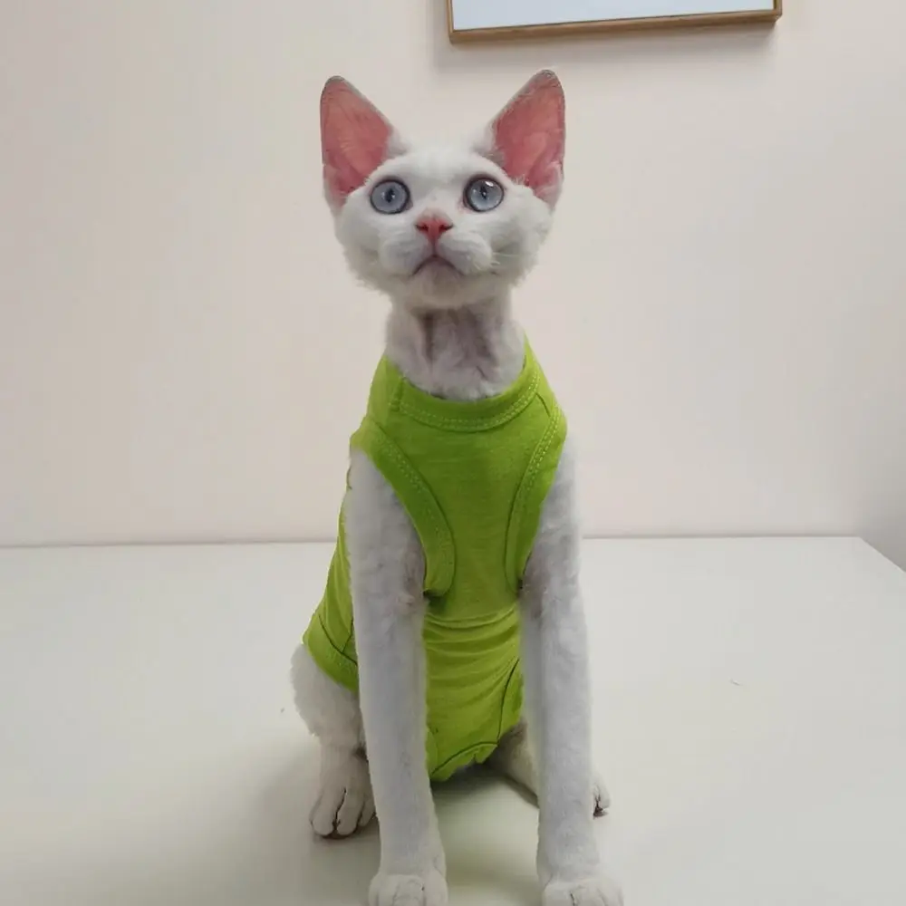 Фото Дышащая одежда для кошек сфинкса, повседневная одежда, хлопковая рубашка без рукавов для котенка, анти-лизающая одежда на четырех ногах, одежда для кошек №3