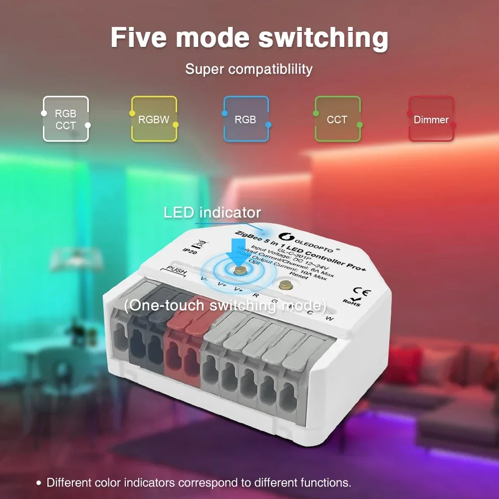 GLEDOPTO ZigBee3.0 Pro+ Ultra Mini Контроллер светодиодных лент 5 в 1 RGBCCT RGBW Приложение WWCW Голосовое управление ZigBee Conbee Smart Things