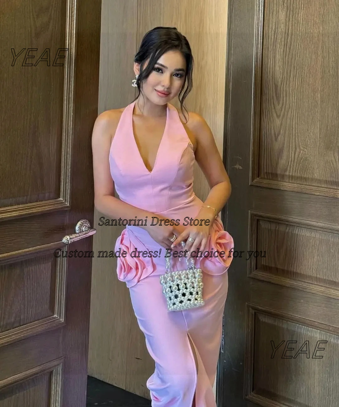 Фото Santorini Customized Pink Prom Dresses Halter V Neck Sleeveless Special Occasion Dress with Flowers Front Slit Prom Party Gowns №5