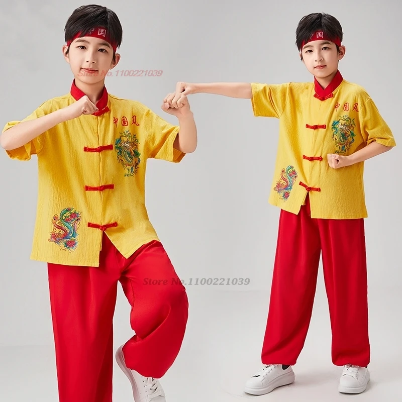 Фото 2024 китайская детская одежда с принтом дракона wushu kung fu шаолиньские боевые искусства Топы + брюки Спортивный тренировочный костюм №4