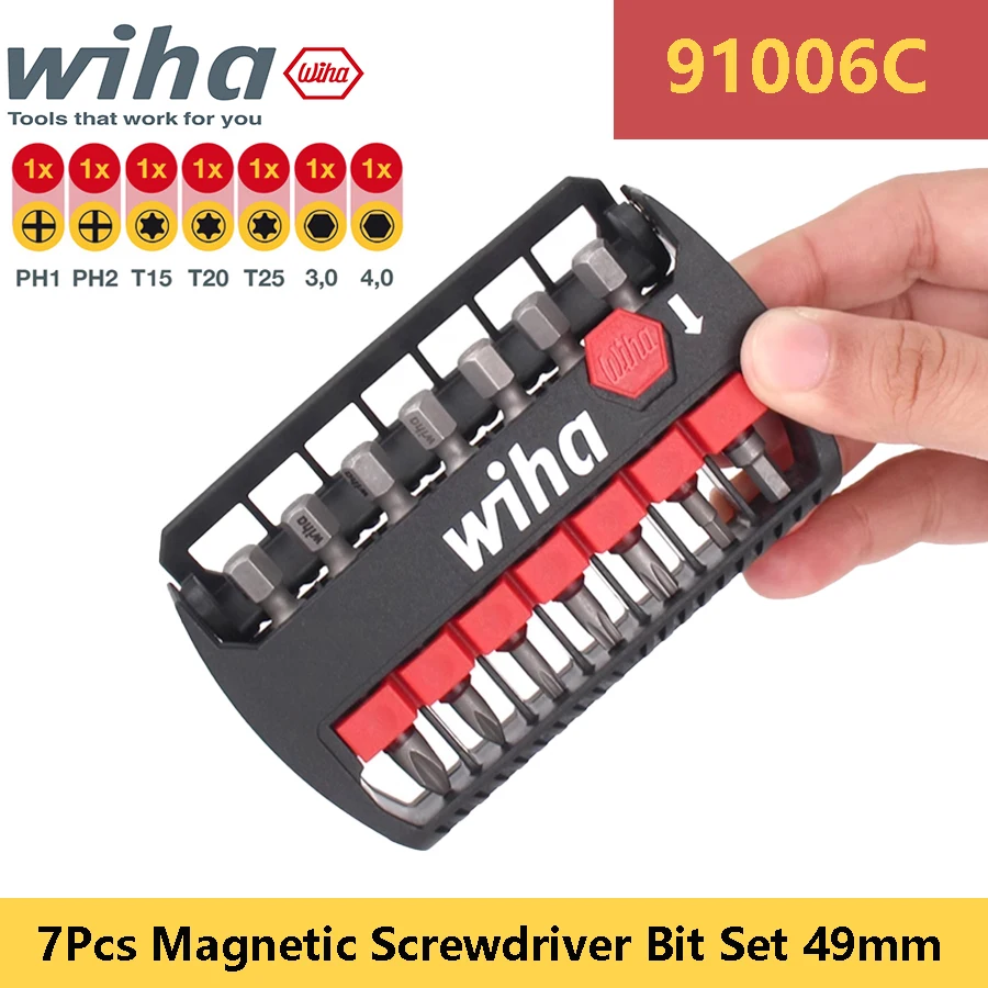 WIHA 91006C Набор магнитных отверток, 7 шт., 49 мм, плоскогубцы Torx, шестигранные биты с футляром для инструментов, набор ударных бит с высоким крутящим моментом, ручной инструмент
