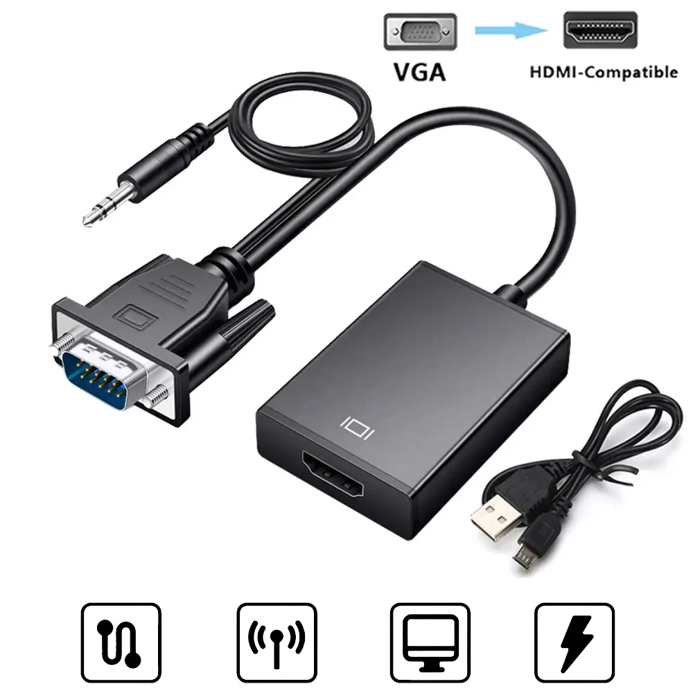 Адаптер-переходник с VGA на HDMI, 1080P, Full HD, с аудиовыходом