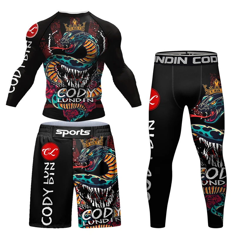 Фото Новые Rashguards MMA футболка для занятий боксом мужские джиу-джитсу кикбоксинг 4 шт./костюм Муай Тай шорты спортивная одежда Bjj Gi №2