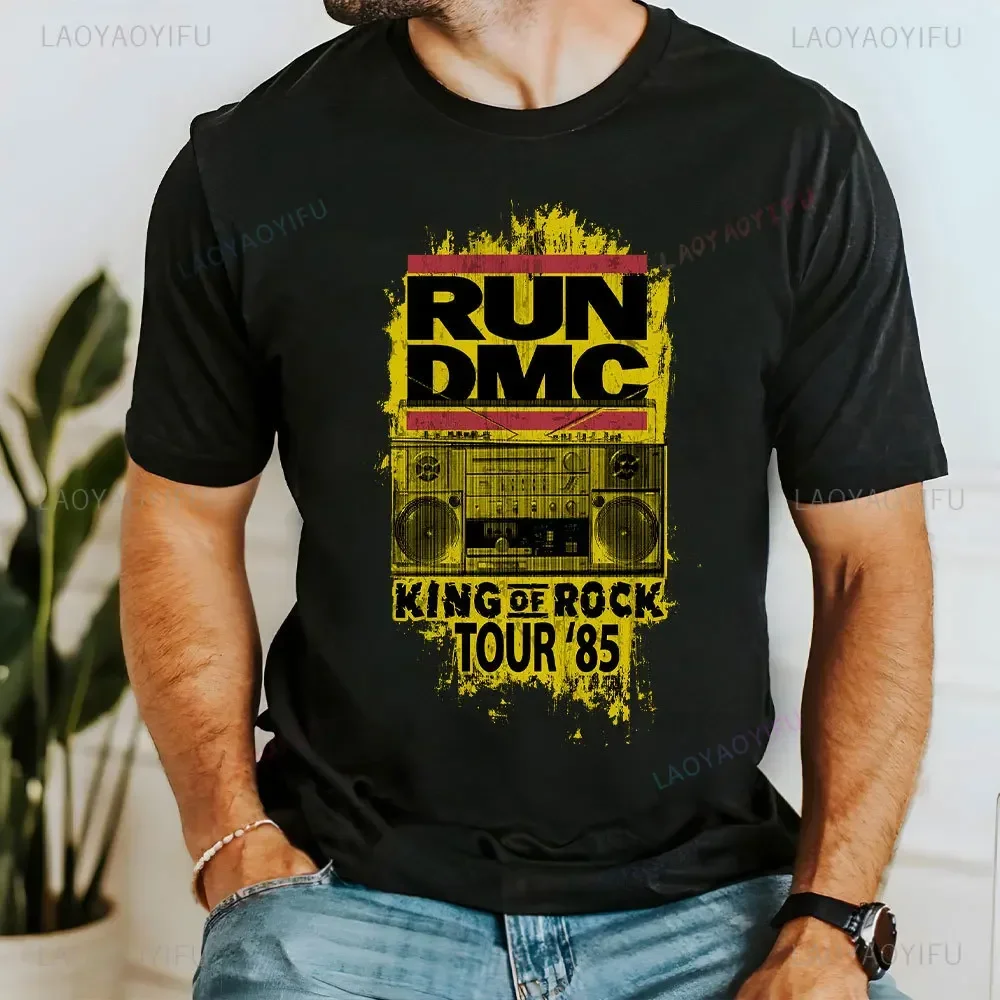 Винтажный бег Dmc Хип-хоп Рок-музыка Принт Графика Мужская хлопковая рубашка с коротким рукавом Уличная одежда Свободная мужская футболка Топы Модная футболка