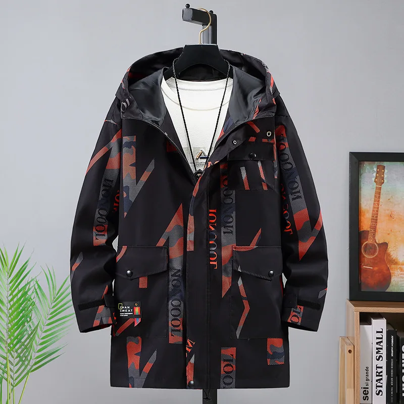Фото Ветровка размера плюс для мужчин 10XL/9XL/8XL/7XL/6XL, большая длинная куртка с капюшоном, свободные пальто, Весенняя модная мужская одежда, парки средней длины №3