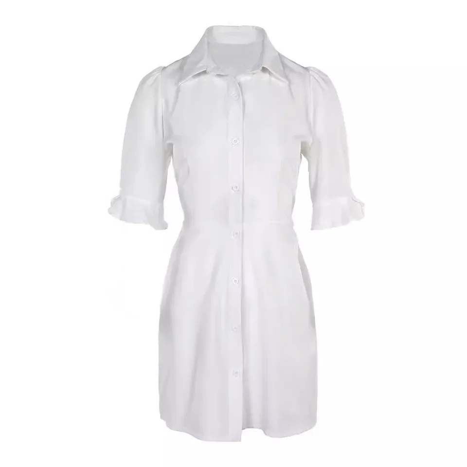 Фото Office Lady Slim High Waist Dress Fashion Lapel Single Breasted Petal Sleeve Shirt Dresses Summer New Women's Clothing White №3