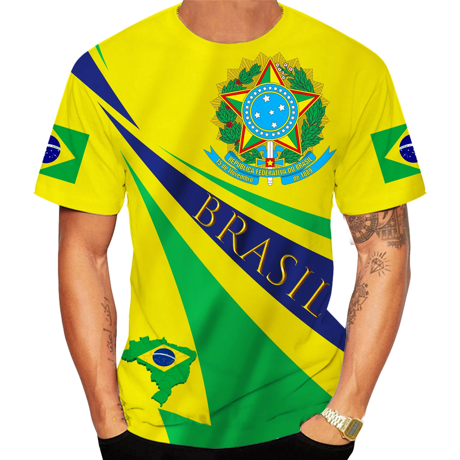 Фото Футболка Centenary of Brazil Мужская, пуловер с круглым вырезом и короткими рукавами, модная крутая одежда, большой размер, с бразильским флагом, на л... №4