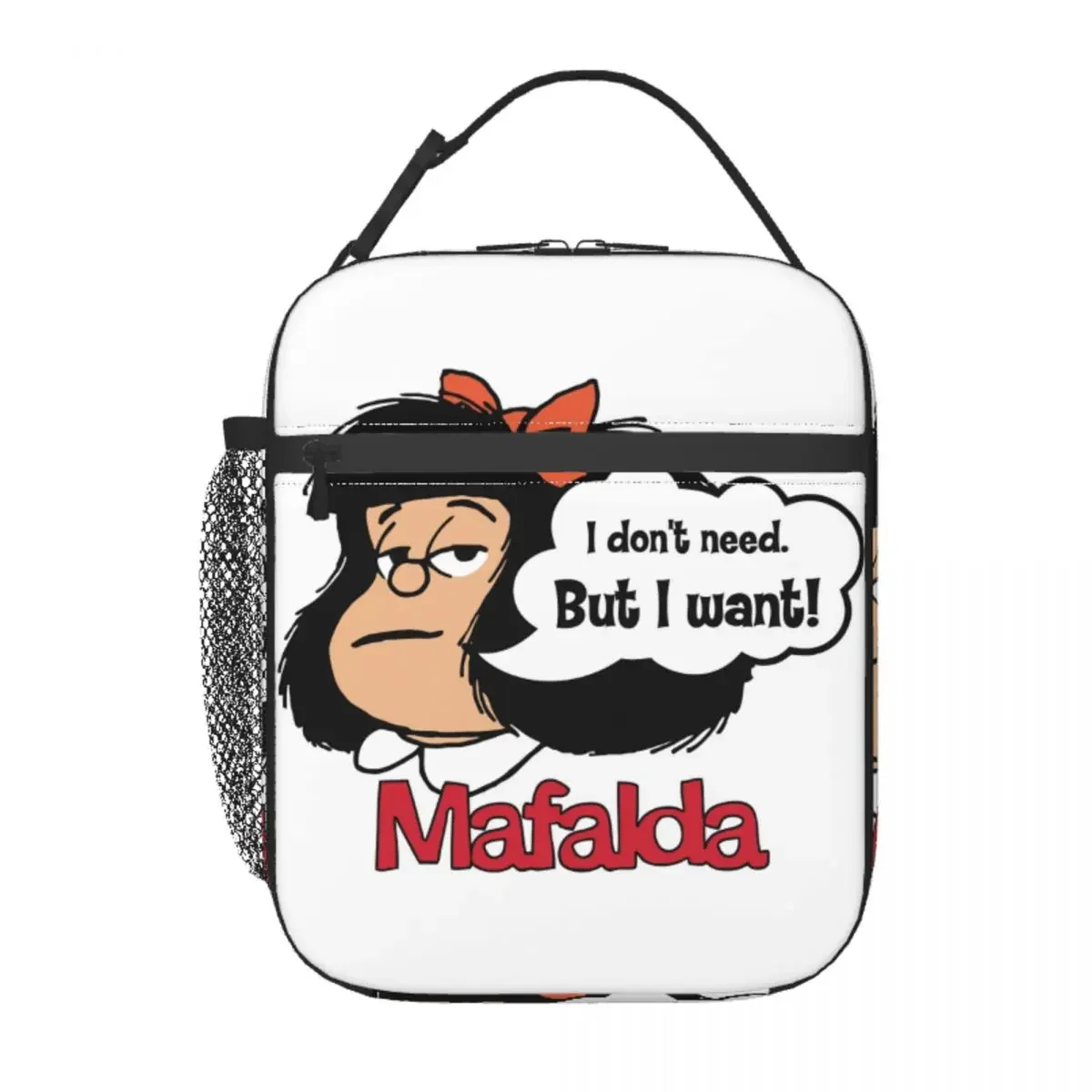 Фото Mafalda, я не нужна, но я хочу изолированную сумку для обеда, портативный термохолодильник с комиксами Quino, сумка для обеда, офисная сумка для пикника, путешествия №2