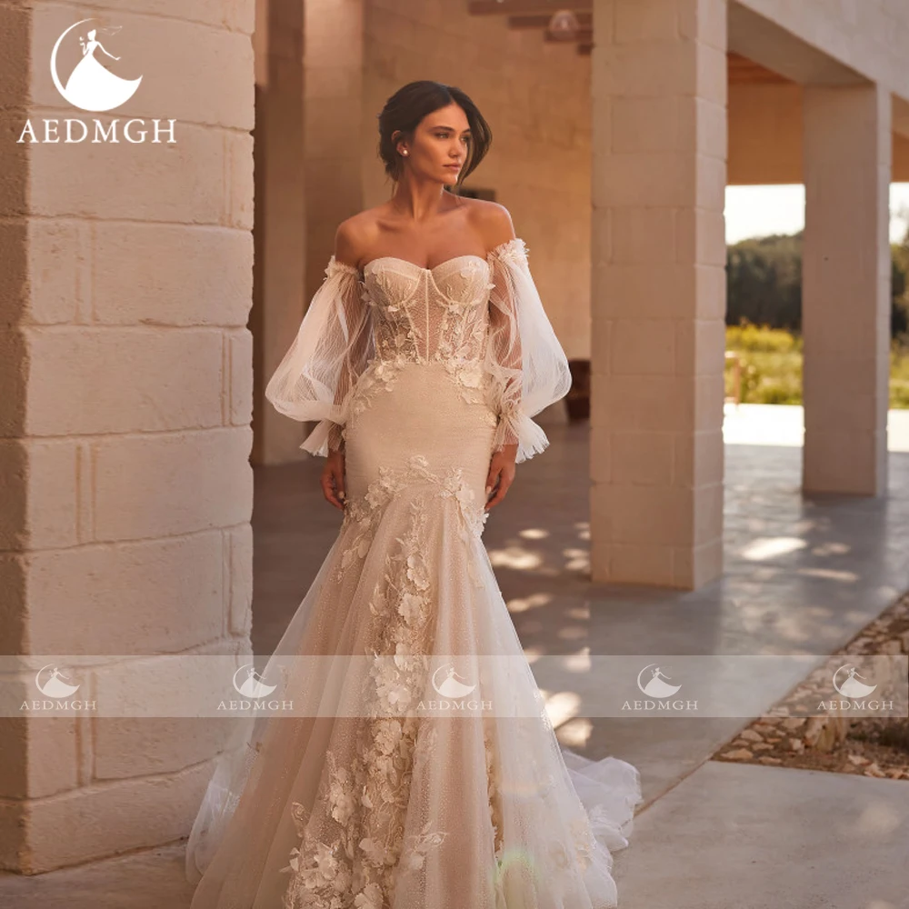 Фото Aedmgh Русалка Винтажные свадебные платья без бретелек с длинным рукавом Vestido De Novia Кружевные аппликации 3D цветы Свадебное платье на заказ №3