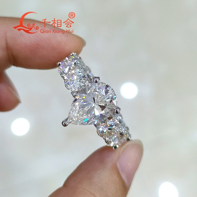 Серебряное кольцо S925 с полным ремешком и круглой грушей 9x13 мм и белым муассанитом Melee D VVS - свадебные ювелирные кольца