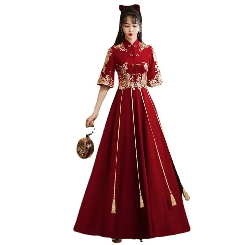 Бордовое платье невесты для свадебной вечеринки, женское платье Cheongsam в китайском стиле, элегантное длинное Ципао, сексуальные атласные тонкие платья, Vestidos XS-XXXL (art.: 3920ccca4ce6e) - 3920ccca4ce6e