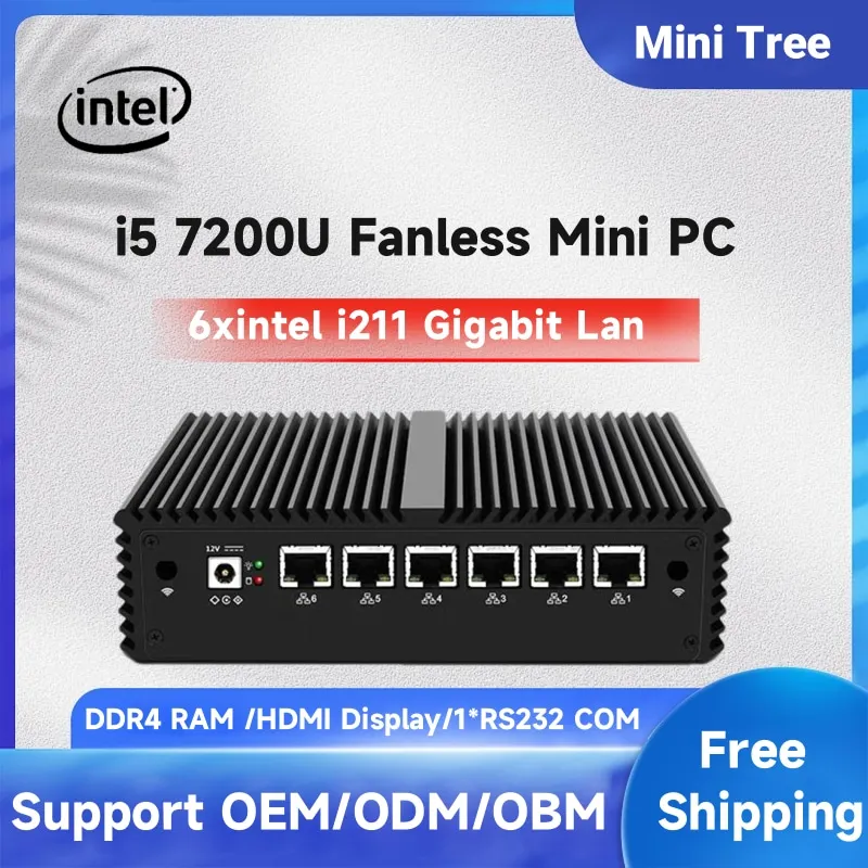 Бесвентиляторный промышленный мини-компьютер Core i3-7100U i5-7200U, 2 ядра, маломощный 6 × i211 LAN, брандмаум, ПК Pentium 4415U Pfsense
