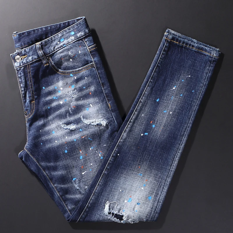 Джинсы Pria, модные Jalanan Panjang Pria Jeans Sobek Bercat, облегающие эластичные ретро-стикеры Celana Panjang в стиле хип-хоп