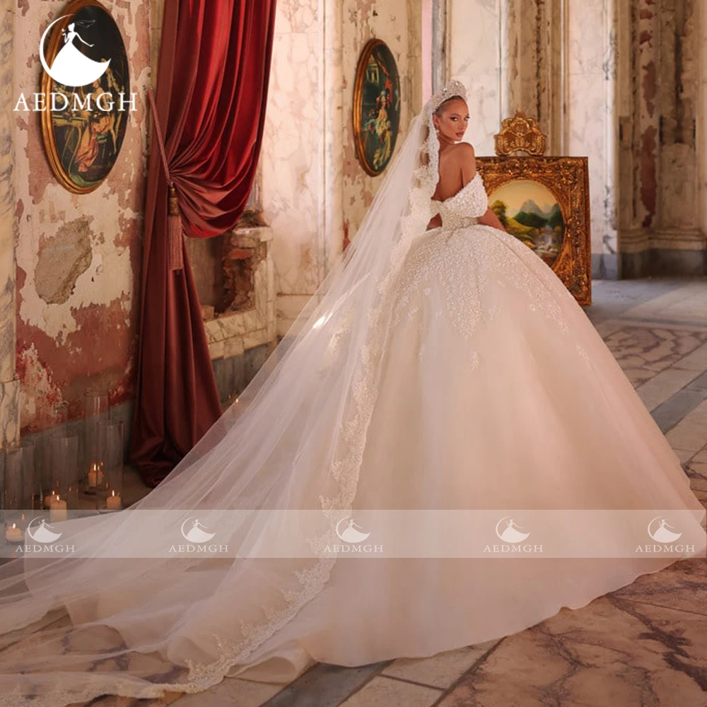 Фото Aedmgh бальное платье Свадебные платья Милая с открытыми плечами Vestido De Novia Кружевная вышивка Роскошное платье на заказ De Mariee №2