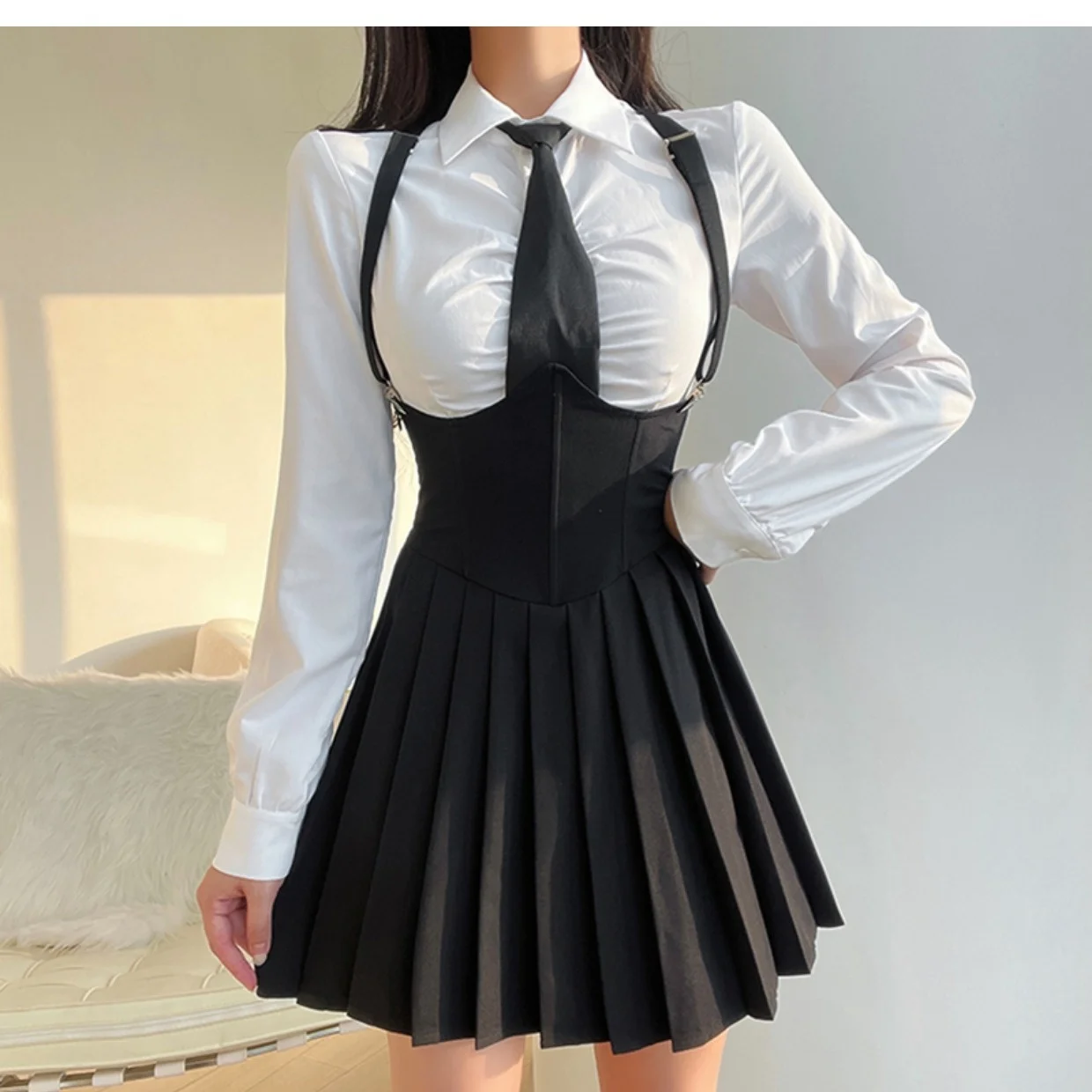 Фото Seragam LAN wanita, ukuran 4XL seksi JK ёмкостная Регулировка Amerika pedas gaya kuliah gadis Set kemeja putih + rok №4