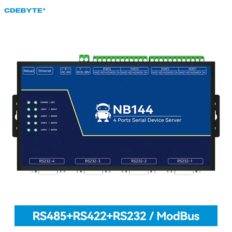 Изолированный 4-канальный последовательный сервер RS232/422/485 RJ45, Шлюз Modbus CDEBYTE NB144 TCP/UDP/MQTT AT Command, встроенный Watchdog