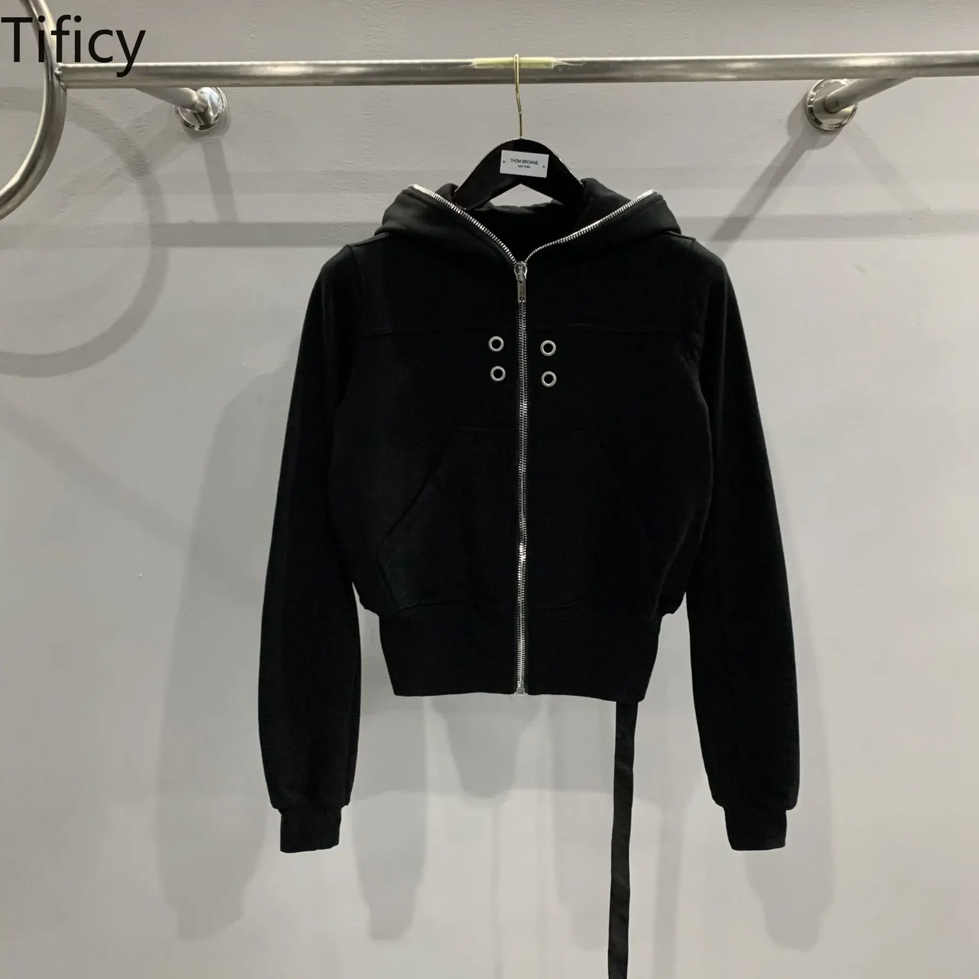 Черная Женская толстовка с капюшоном в стиле High Street TIFICY, хлопковые однотонные свитшоты с капюшоном на молнии с рукавами в рубчик