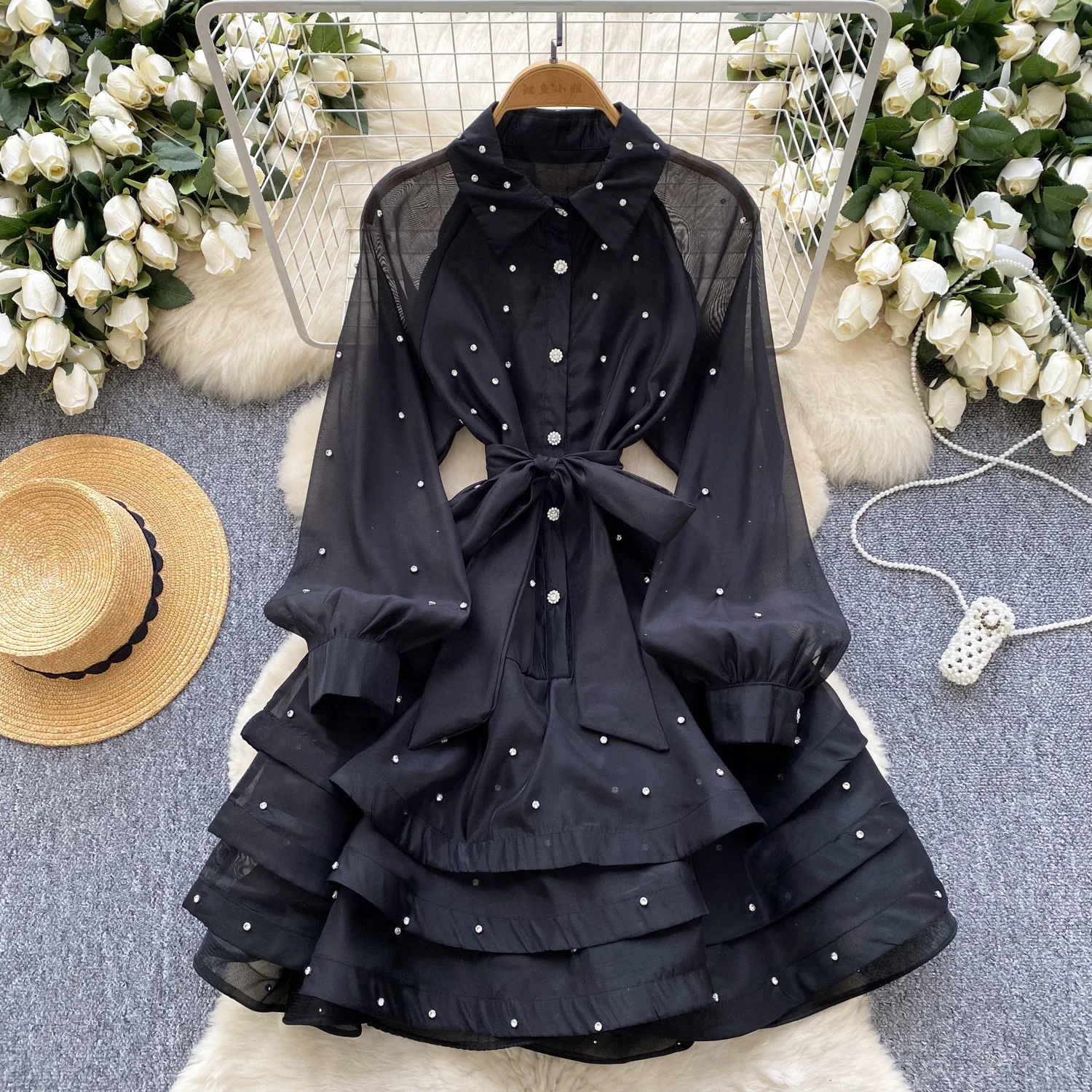 Фото Белое платье Женские платья A Line Vestidos Уличная одежда Y2k Отложной воротник с оборками на шнуровке с высокой талией Элегантная вечеринка Свадьба №5