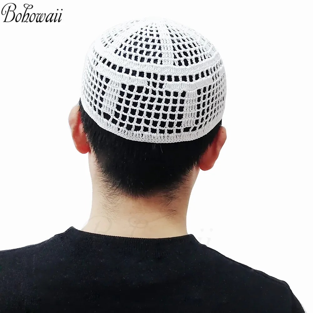 Мусульманская дышащая хлопковая шапка BOHOWAII, белые вязаные шапки Kippah Kufi, молитвенные головные уборы, мусульманская шапка с черепом для мужчин, головной убор