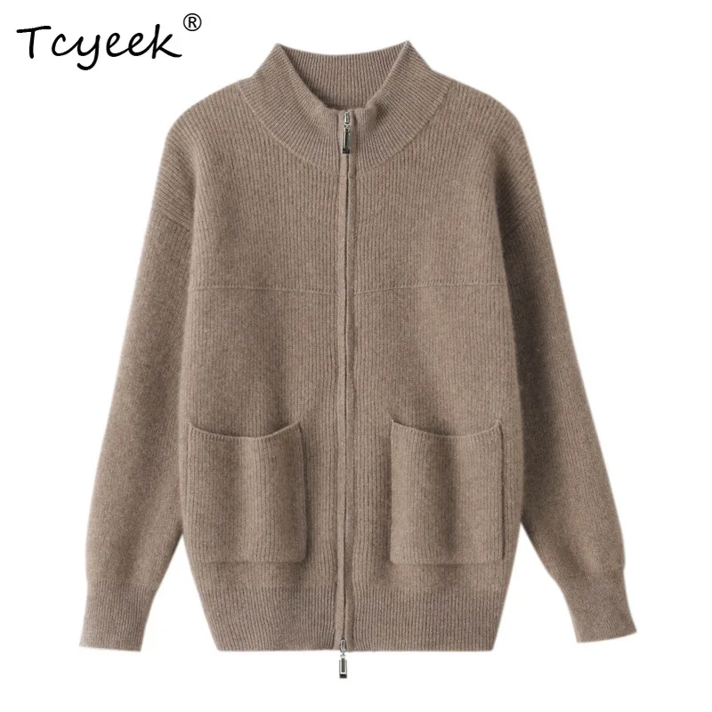 Tcyeek 100% Wool Zipper Cardigan Autumn/Winter New Women's Knitted Jacket Long Sleeved Woolen Versatile Sweater Tops  T30364QC Свитеры и джемперы
