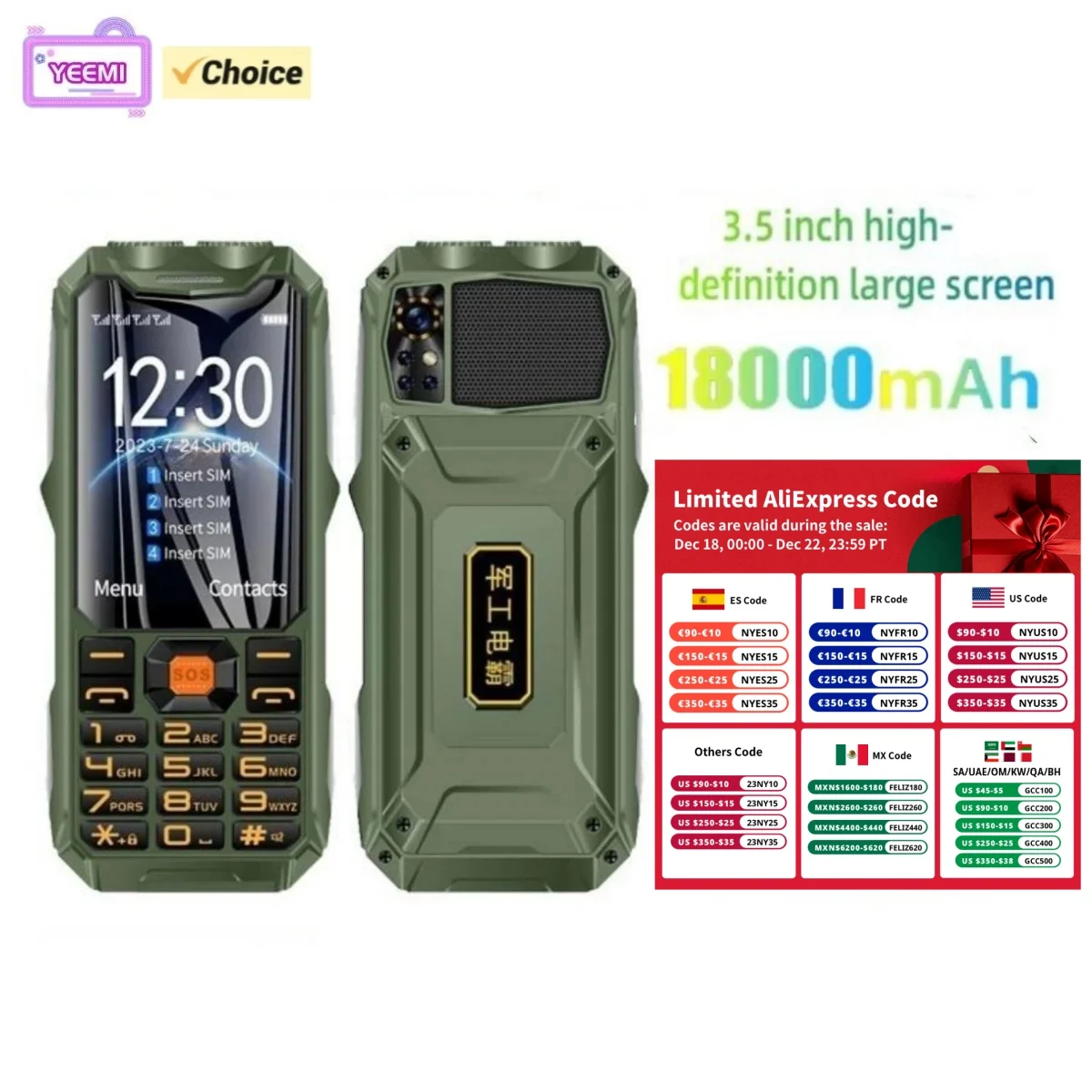 YEEMI Q9 GSM 2G Неблокированный мобильный телефон Доступный с 4,0-дюймовым экраном Аккумулятор 18000 мАч Многоязычная поддержка