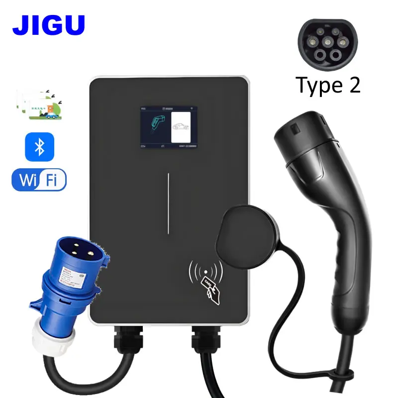 Зарядная станция для электромобилей JIGU, 1 фаза, 230 В, 32 А, 7 кВт, тип 2, Wallbox, 3-фазное зарядное устройство для электромобилей 380 В, 11 кВт, 22 кВт с вилкой CEE