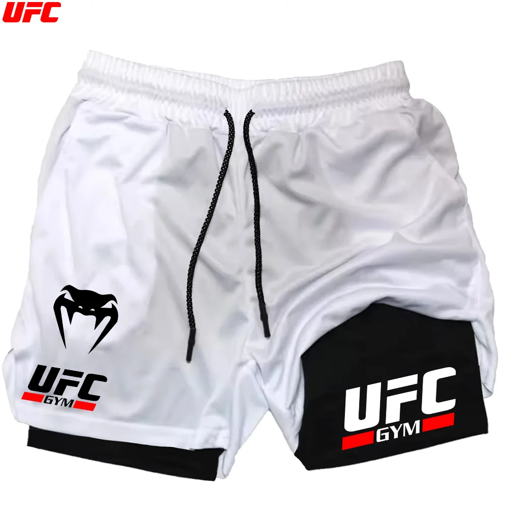 Фото UFC двухэтажные шорты для тренажерного зала, фитнеса, тренировок, шорты для бега, мужская спортивная одежда, компрессионные шорты для бега 2 в 1, мужские шорты №2